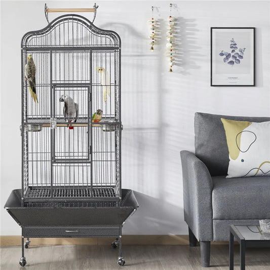 63''H Large Rolling Parrot Cage with Open Playtop, Stand & Slide-Out Tray, Black