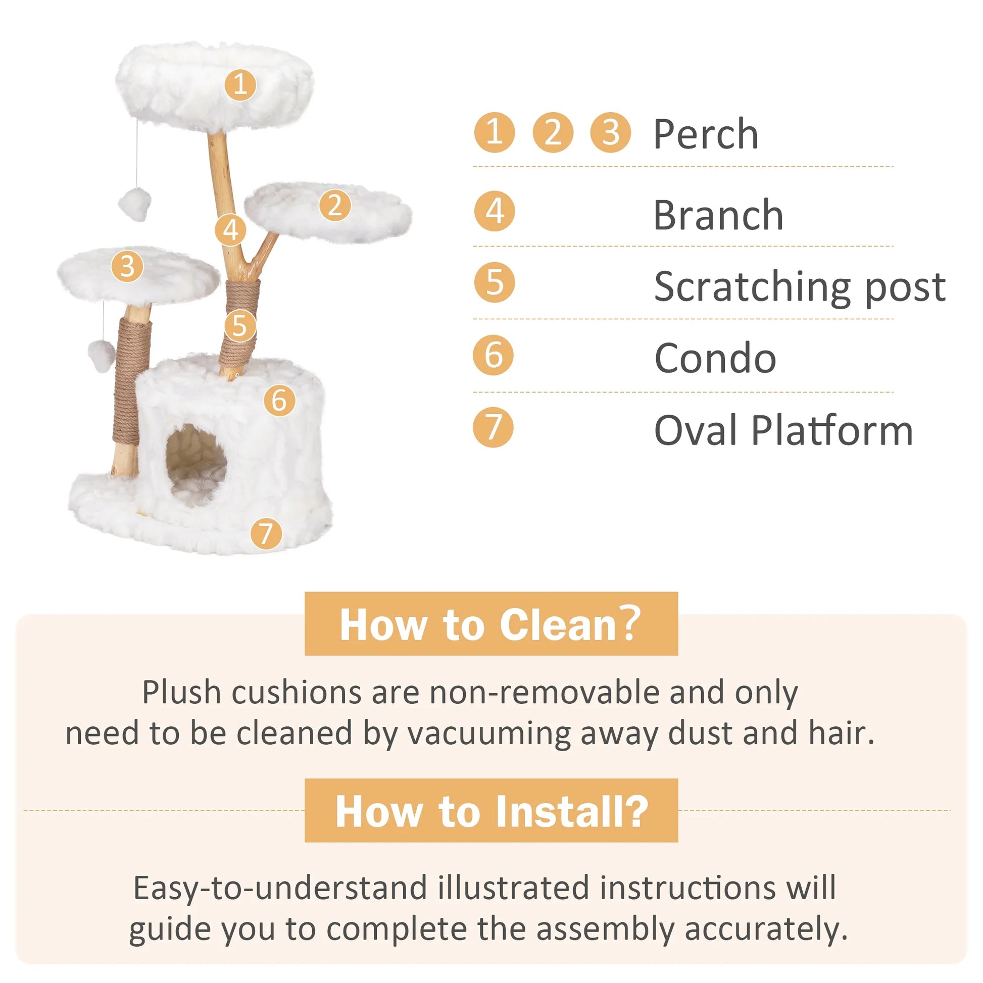 42-In Modern Cat Tree Tower for Large Cats, Natural Branch Cat Condo with 3 Platforms, Scratching Posts, Cat Cave Bed, White