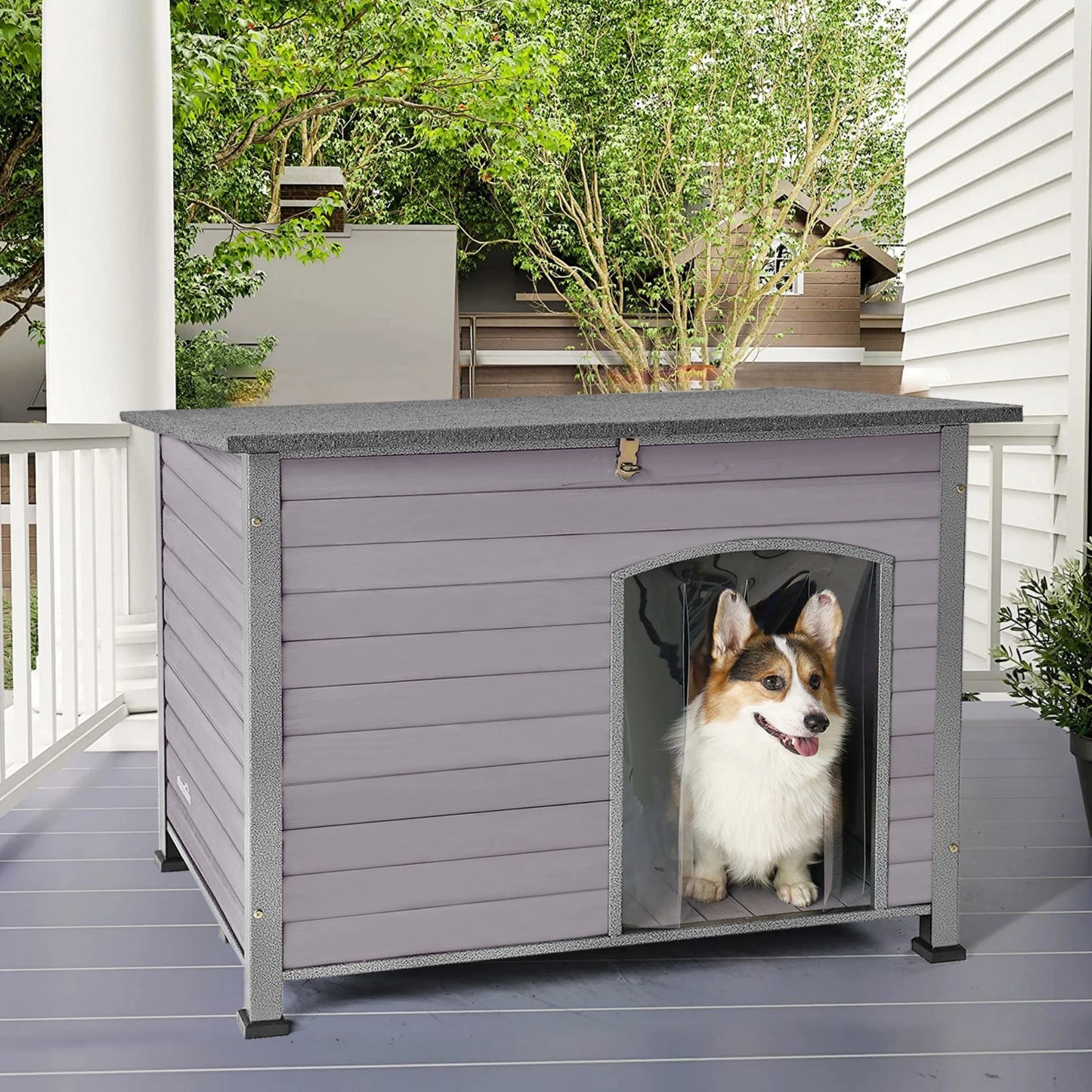 Wooden Dog House Anti-Chewing Kennels for Outdoor & Indoor, Gray, Large