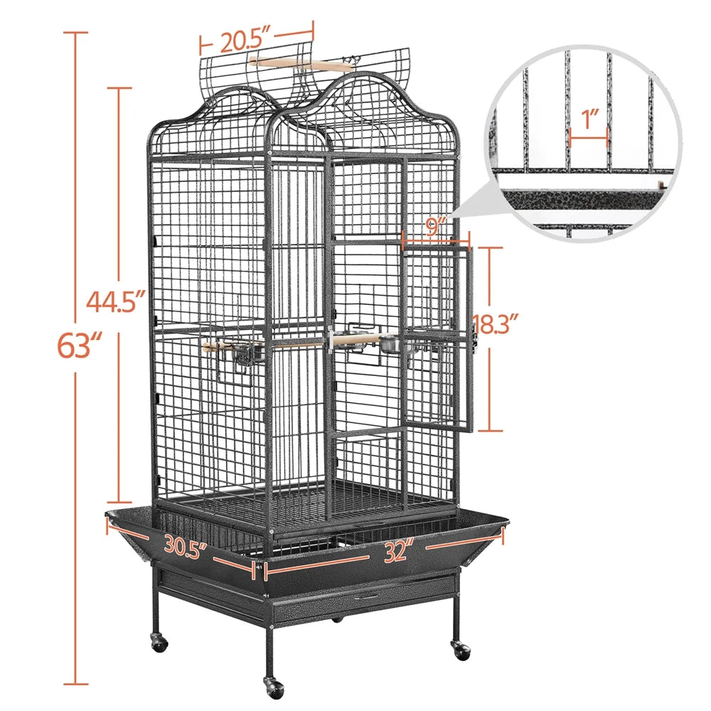 63''H Large Rolling Parrot Cage with Open Playtop, Stand & Slide-Out Tray, Black