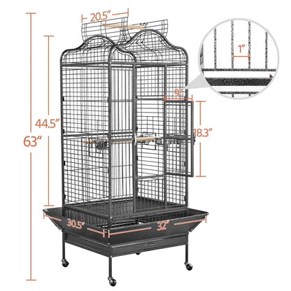 63''H Large Rolling Parrot Cage with Open Playtop, Stand & Slide-Out Tray, Black