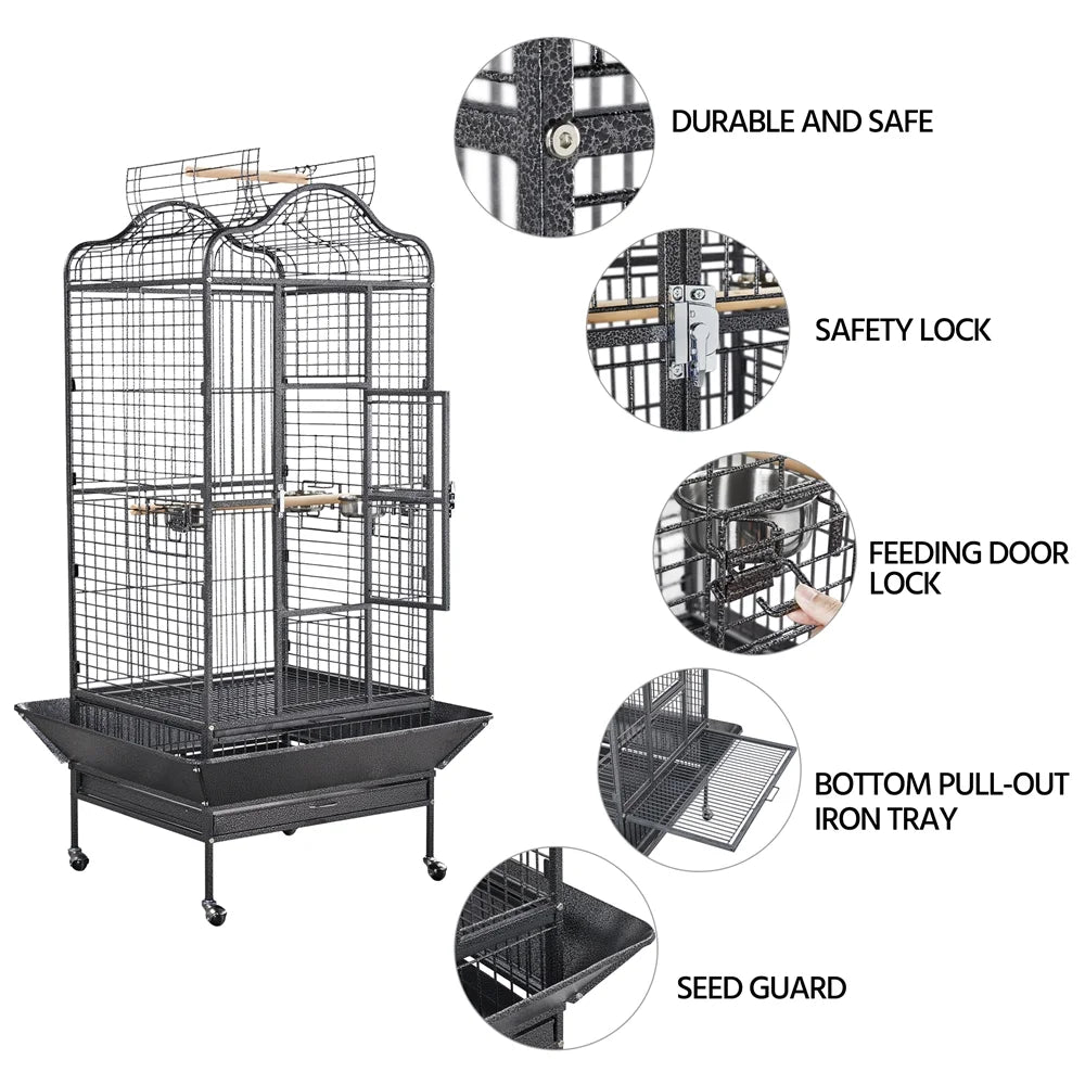 63''H Large Rolling Parrot Cage with Open Playtop, Stand & Slide-Out Tray, Black