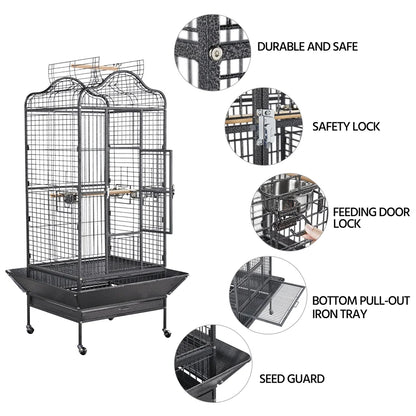 63''H Large Rolling Parrot Cage with Open Playtop, Stand & Slide-Out Tray, Black