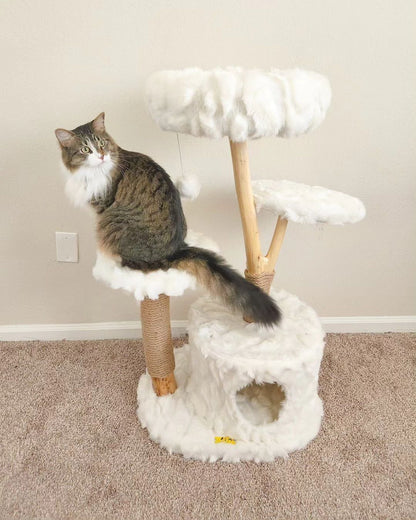 42-In Modern Cat Tree Tower for Large Cats, Natural Branch Cat Condo with 3 Platforms, Scratching Posts, Cat Cave Bed, White