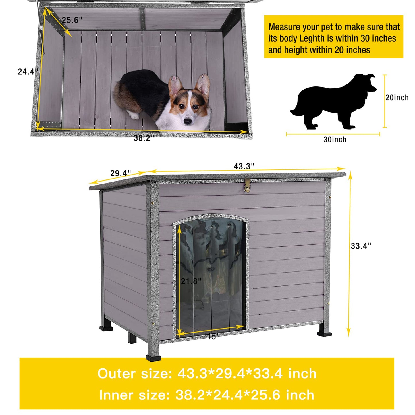 Wooden Dog House Anti-Chewing Kennels for Outdoor & Indoor, Gray, Large