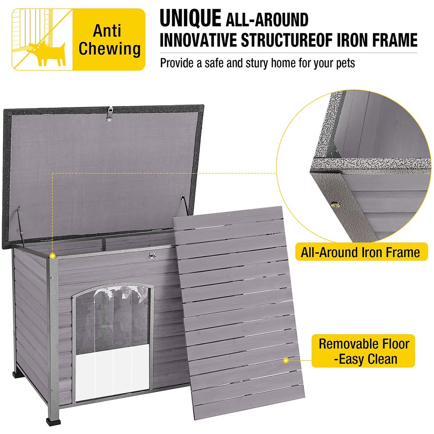 Wooden Dog House Anti-Chewing Kennels for Outdoor & Indoor, Gray, Large