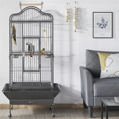 63''H Large Rolling Parrot Cage with Open Playtop, Stand & Slide-Out Tray, Black