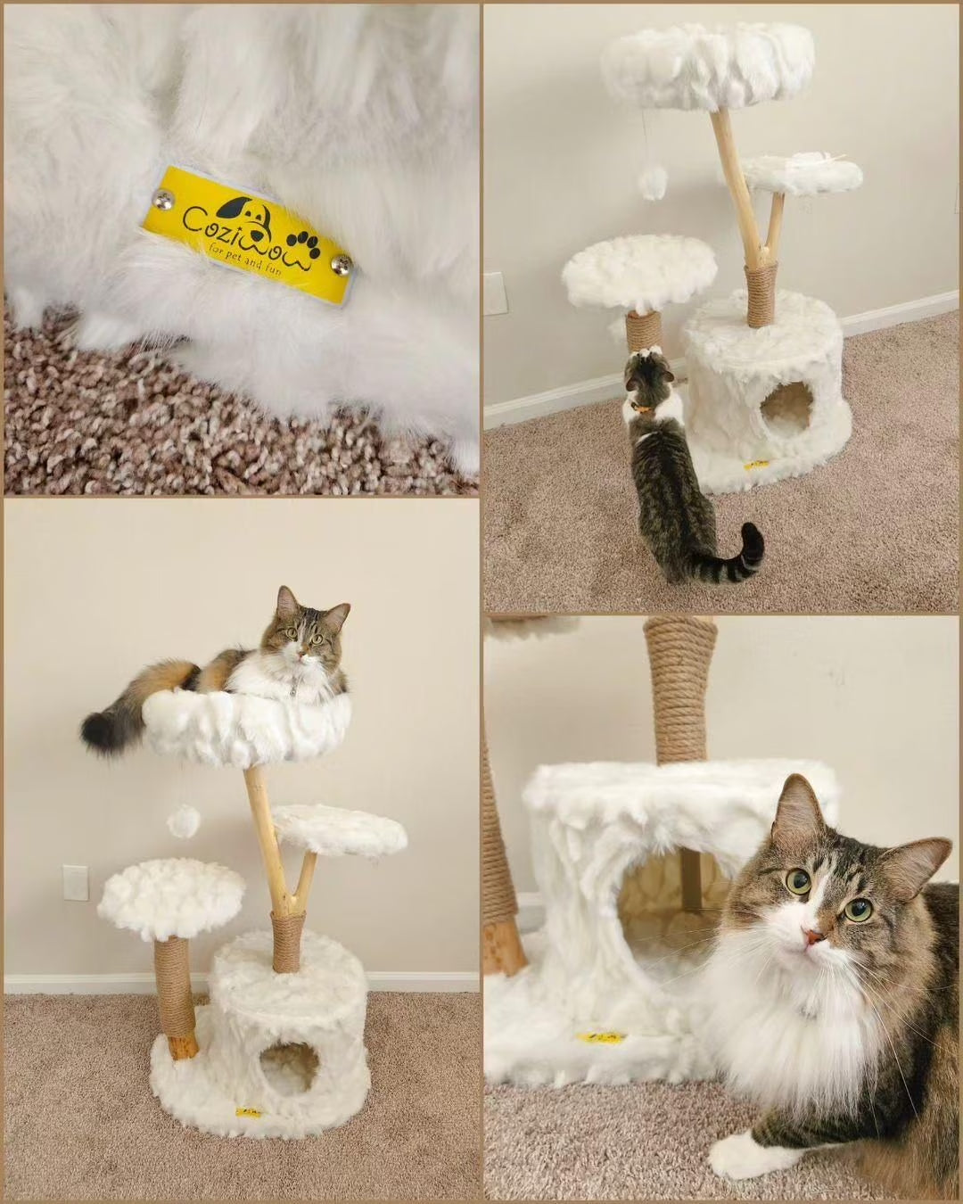 42-In Modern Cat Tree Tower for Large Cats, Natural Branch Cat Condo with 3 Platforms, Scratching Posts, Cat Cave Bed, White