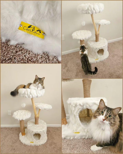 42-In Modern Cat Tree Tower for Large Cats, Natural Branch Cat Condo with 3 Platforms, Scratching Posts, Cat Cave Bed, White