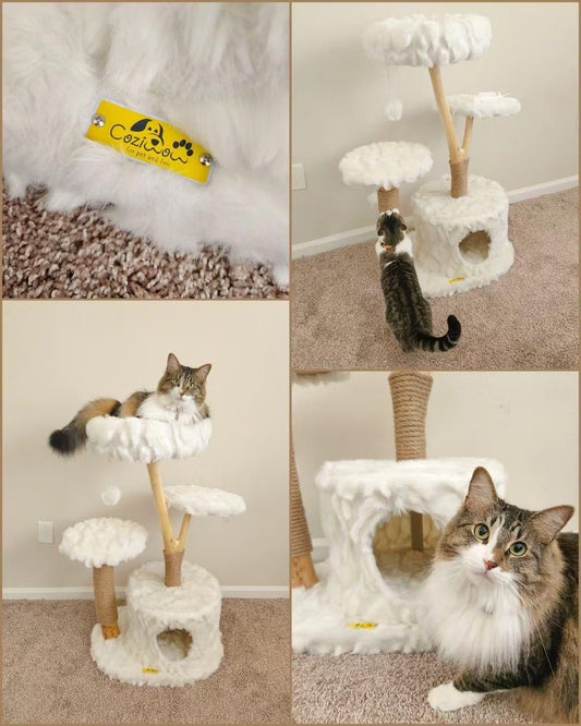 42-In Modern Cat Tree Tower for Large Cats, Natural Branch Cat Condo with 3 Platforms, Scratching Posts, Cat Cave Bed, White