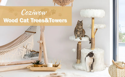 42-In Modern Cat Tree Tower for Large Cats, Natural Branch Cat Condo with 3 Platforms, Scratching Posts, Cat Cave Bed, White