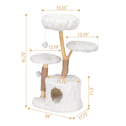 42-In Modern Cat Tree Tower for Large Cats, Natural Branch Cat Condo with 3 Platforms, Scratching Posts, Cat Cave Bed, White