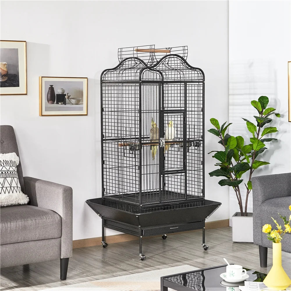 63''H Large Rolling Parrot Cage with Open Playtop, Stand & Slide-Out Tray, Black