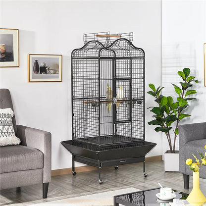 63''H Large Rolling Parrot Cage with Open Playtop, Stand & Slide-Out Tray, Black