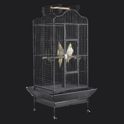 63''H Large Rolling Parrot Cage with Open Playtop, Stand & Slide-Out Tray, Black