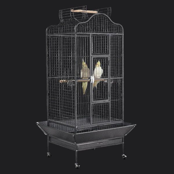 63''H Large Rolling Parrot Cage with Open Playtop, Stand & Slide-Out Tray, Black
