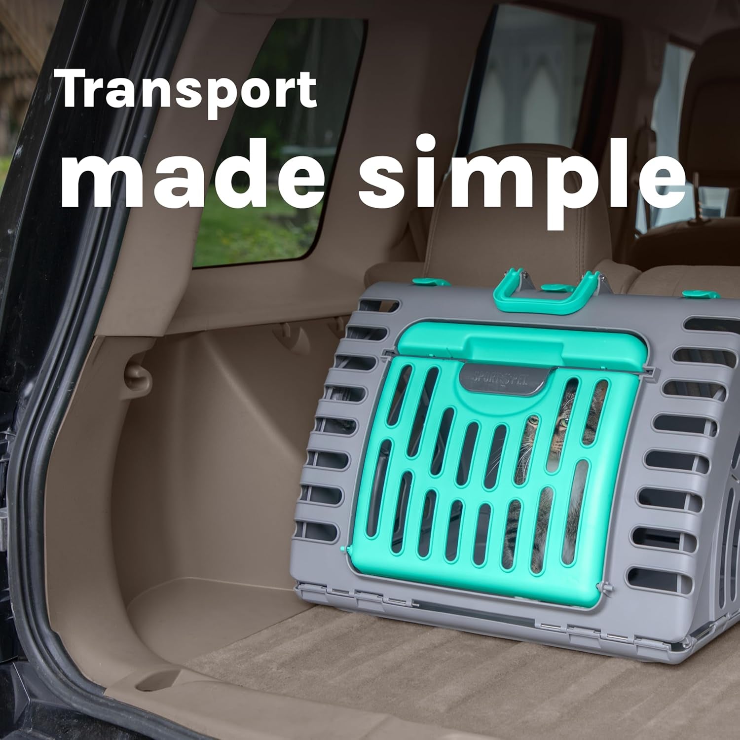Sportpet X-Large Hard-Sided Travel Cat Carrier - Cat Carrier with Patented Wide Side-Opening Door, Foldable Portable Pet Carrier for Cats & Small Pets up to 35Lbs - Dark Gray/Teal