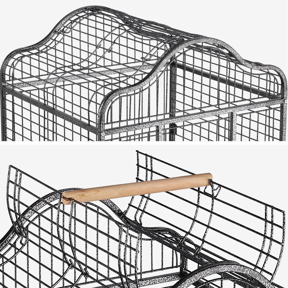 63''H Large Rolling Parrot Cage with Open Playtop, Stand & Slide-Out Tray, Black